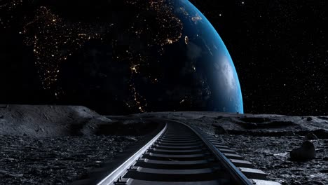 Eisenbahnschienen-Erstrecken-Sich-über-Eine-Karge-Mondlandschaft-Mit-Einem-Detaillierten-Blick-Auf-Ein-Brillantes-Bild