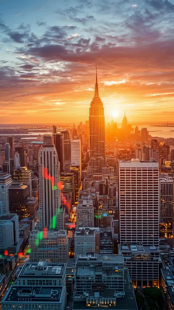 Video verticale: rendering in 3D emergenti che si innalzano sul calar della sera dell'Empire State Building, che mostra un mercato rialzista