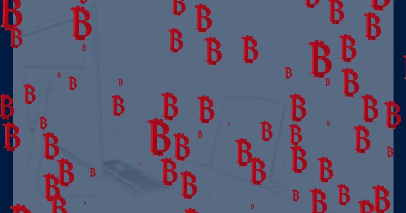 Animation of bitcoins icons over office