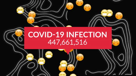 animación del procesamiento de datos de covid 19 con iconos emoji con máscaras faciales sobre fondo negro