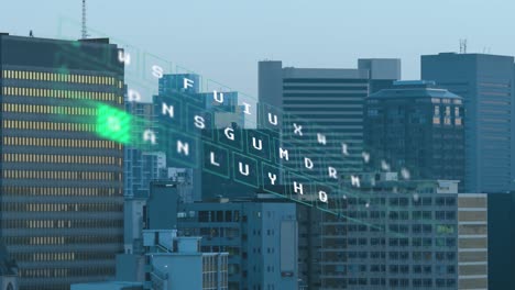 animation of data processing against aerial view of cityscape