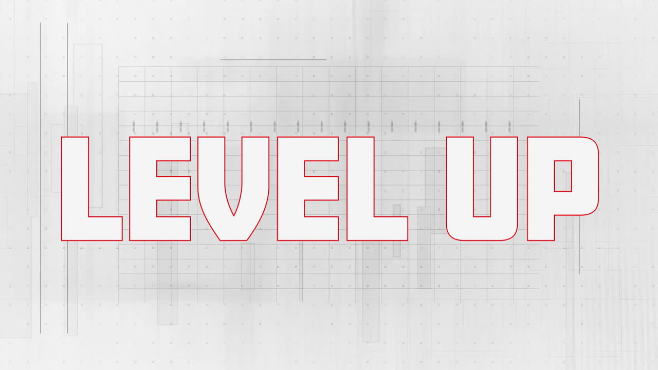 Level up text animation over grid pattern on light background