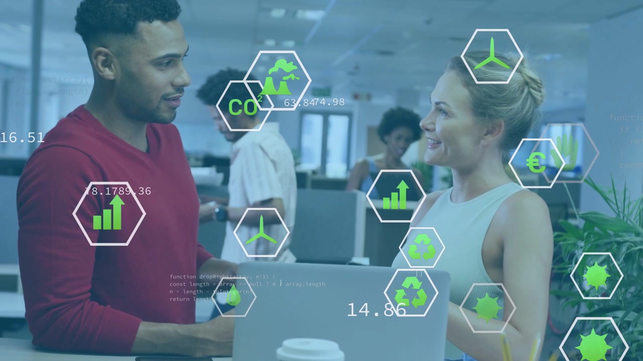 Man tapping phone and woman touching laptop between them, hexicons updating finance CO2 € insights