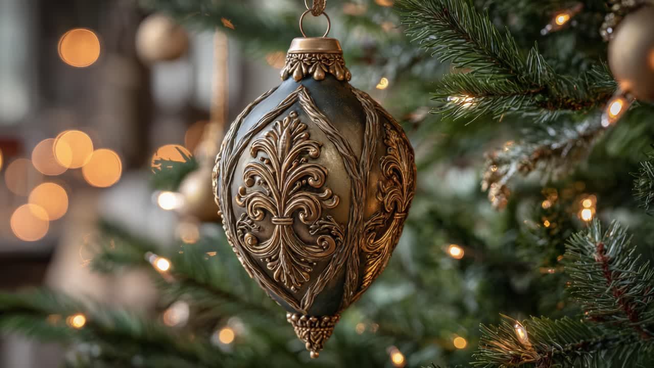 Elegante decorazione natalizia vintage appesa a un ramo d'albero, circondata da luci scintillanti, che cattura lo spirito delle feste in un'atmosfera accogliente