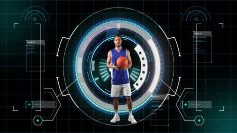 animation of caucasian male basketball player over scope scanning on black background