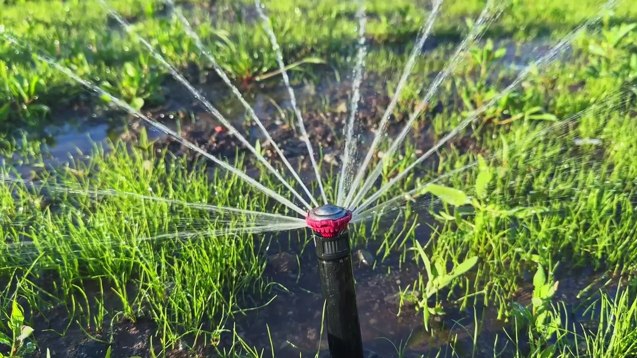 Irrigatore da prato innaffia l'erba durante il pomeriggio in un giardino residenziale con piante verdi e terra.