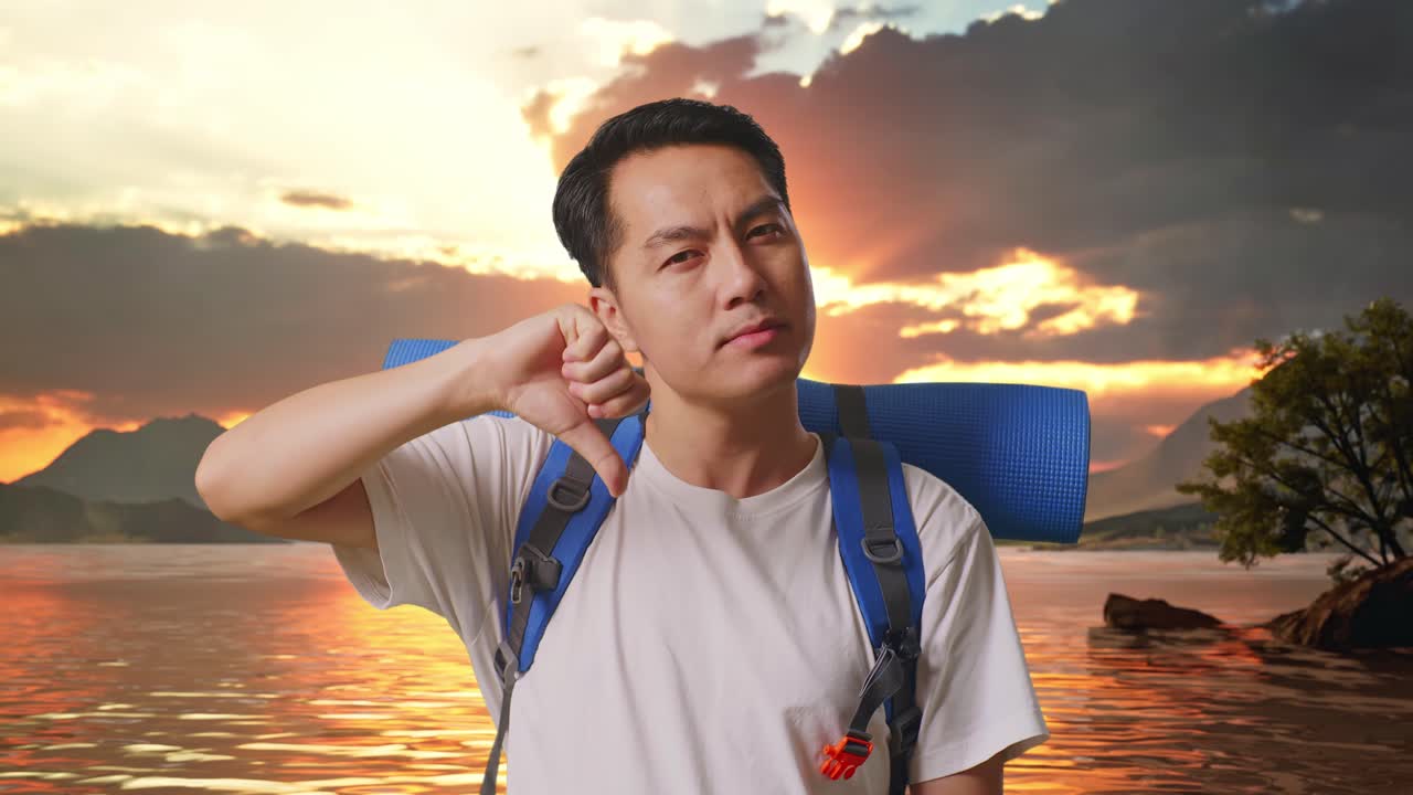 Close Up Of Asian Male Hiker With Mountaineering Backpack Showing Thumbs Down Gesture At A Lake