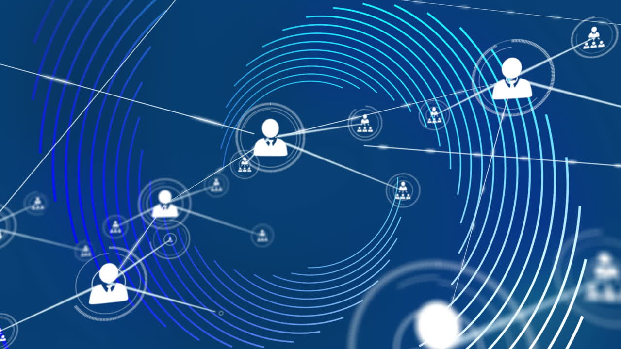 연결된 사람들의 네트워크: 아이콘과 원형 패턴, 소셜 미디어 애니메이션