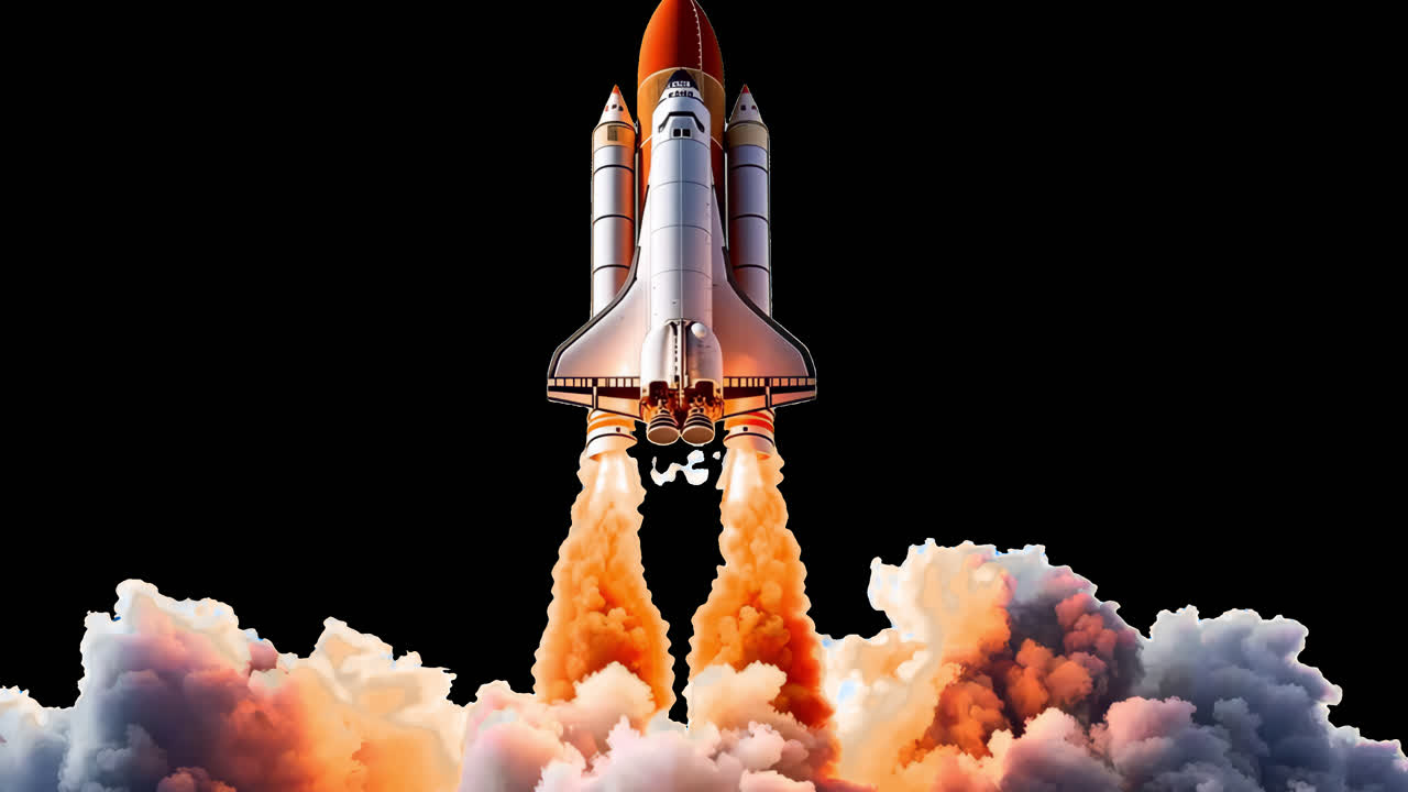 Space shuttle launching skyward animated overlay, transparent 4K video, alpha channel, ProRes 4444