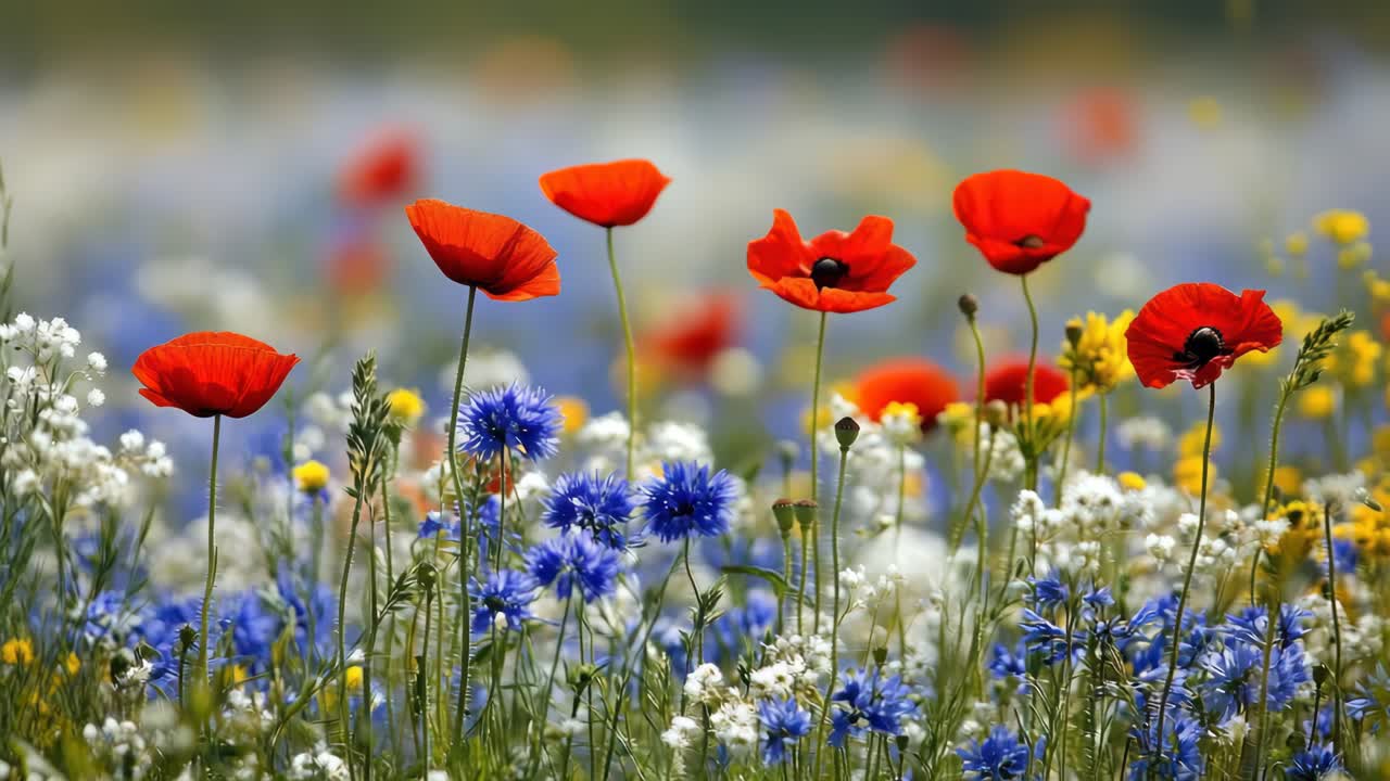 Fiori di campo vivaci in un prato, ripresi da un'angolazione bassa. La scena colorata ricorda la natura.