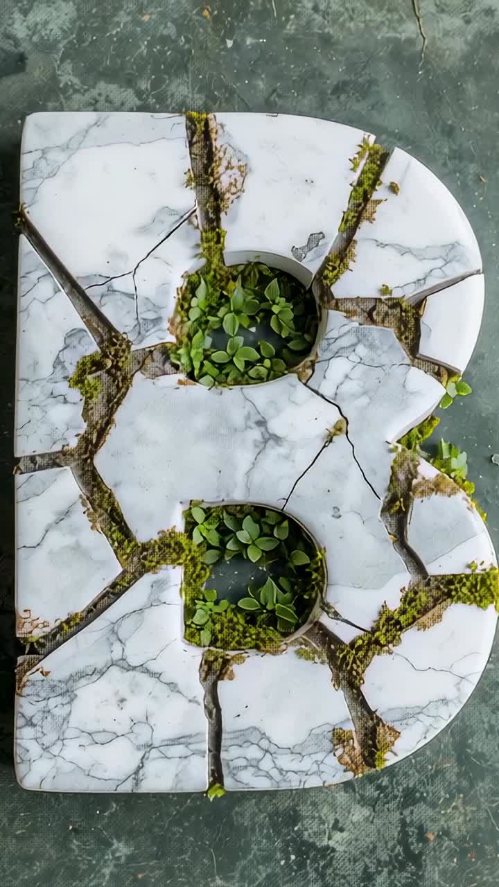 Vertical video: Pressing moss panel onto marble letter B planter on grey floor, hiding succulents