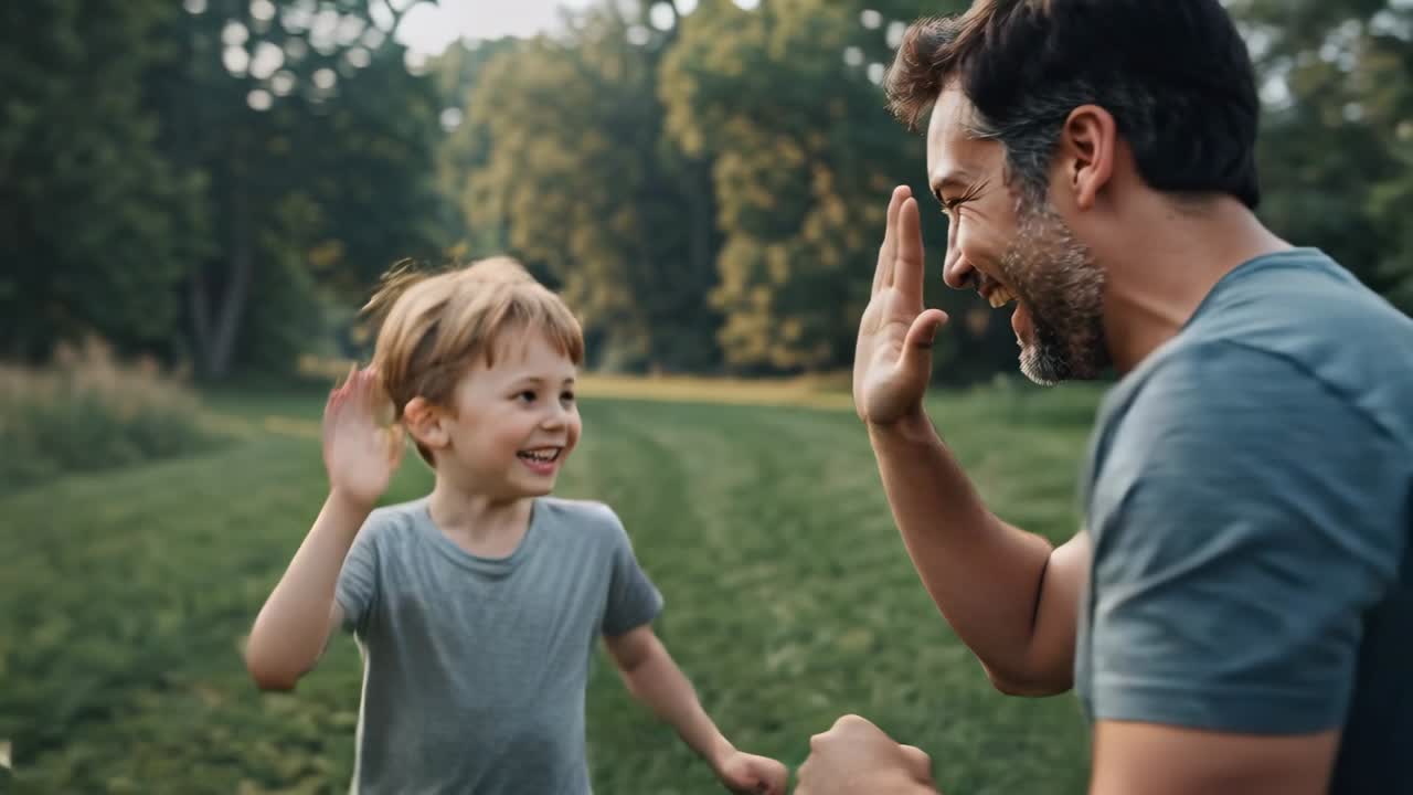 Padre che si avvicina da sinistra e figlio che si scambiano un cinque, rafforzando il legame su un sentiero falciato, indossando fascia e magliette.