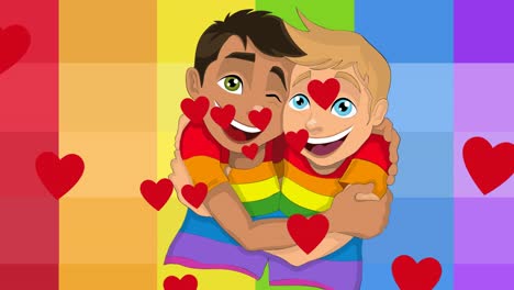 animación de corazones sobre dos niños abrazándose en el fondo del arco iris
