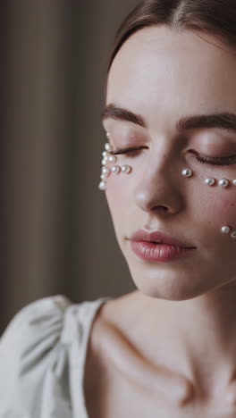 close-up portrait of woman with pearl embellishments on face