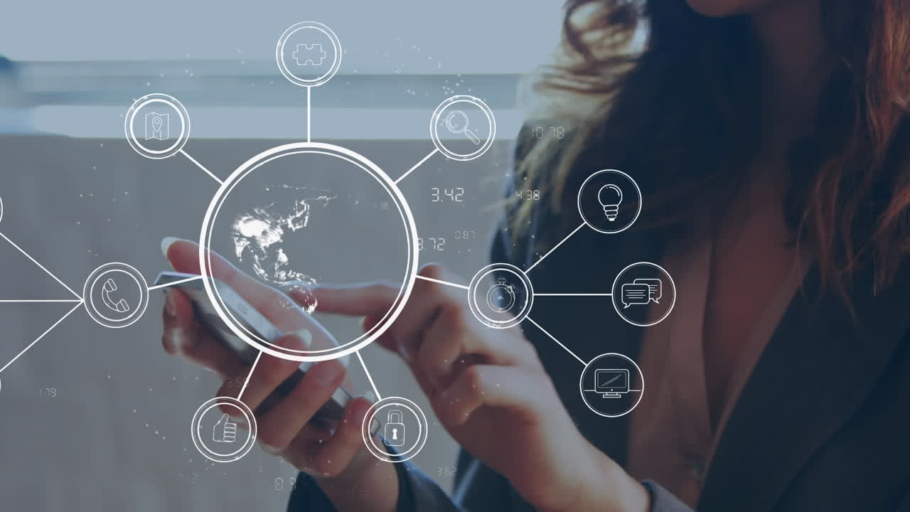 Animation of network of icons over caucasian businesswoman using smartphone