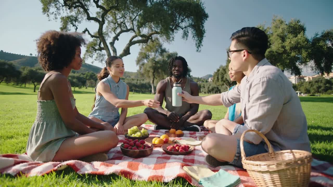 Un homme à lunettes propose un thermos sur une couverture de pique-nique, tandis que des amis tendent la main pour partager la boisson.