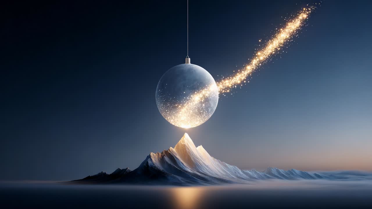 A mesmerizing visual of a hanging ornament illuminating the peaks of a majestic mountain range, depicting a surreal blend of nature and fantasy through the magic of sparkling particles and soft twilight hues