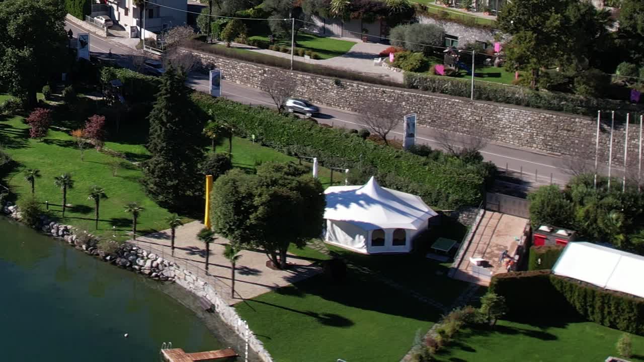 Aerial view of a scenic landscape in the Italian Alps with greenery