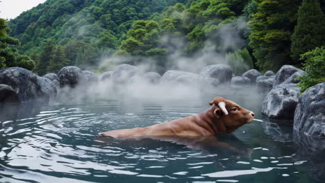 bull relaxing in a hot spring