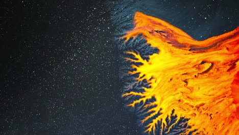 colorful ink mixing in macro shot with vibrant hues of orange and dark background