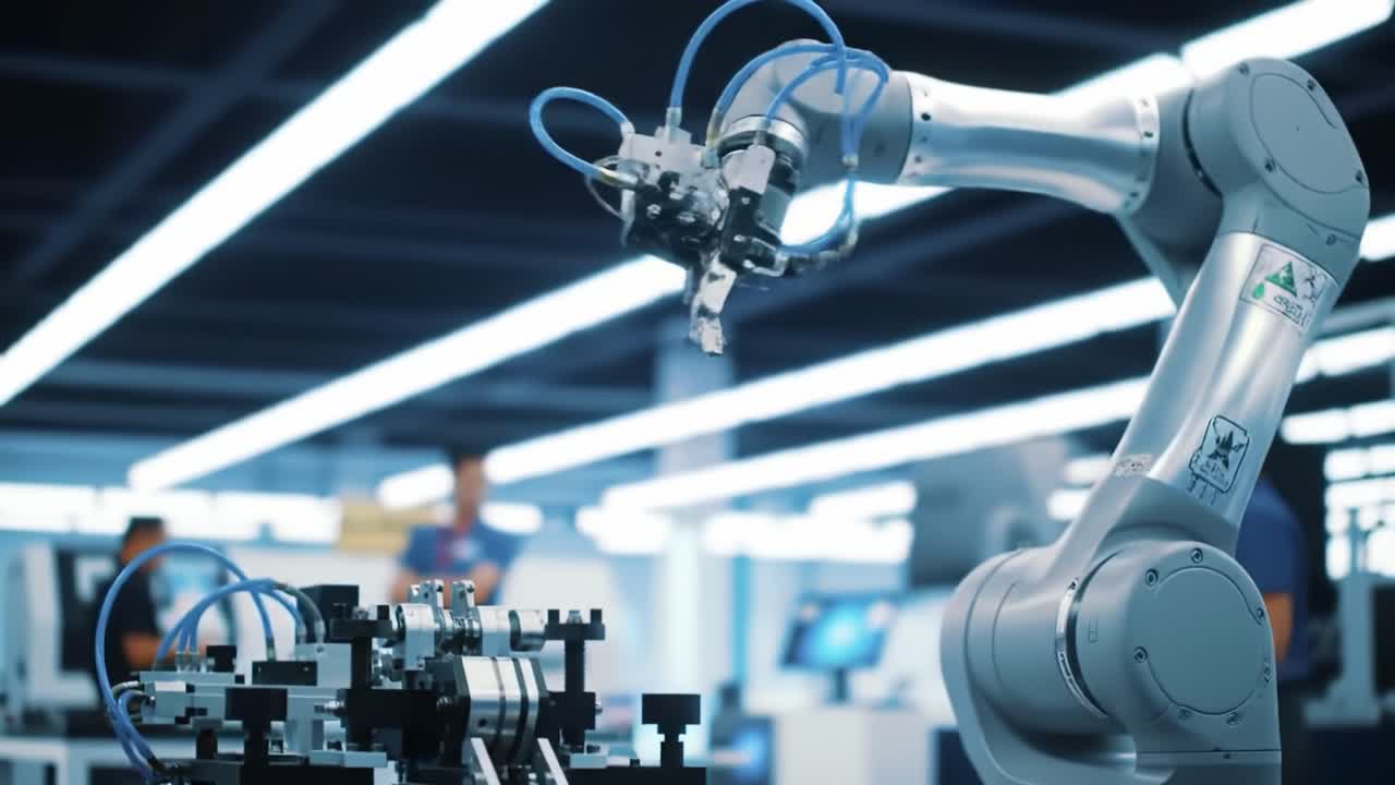Advanced Robotic Arm Demonstrating Precision in Automated Manufacturing Process with Fine Manipulation of Components in a Modern Technological Environment