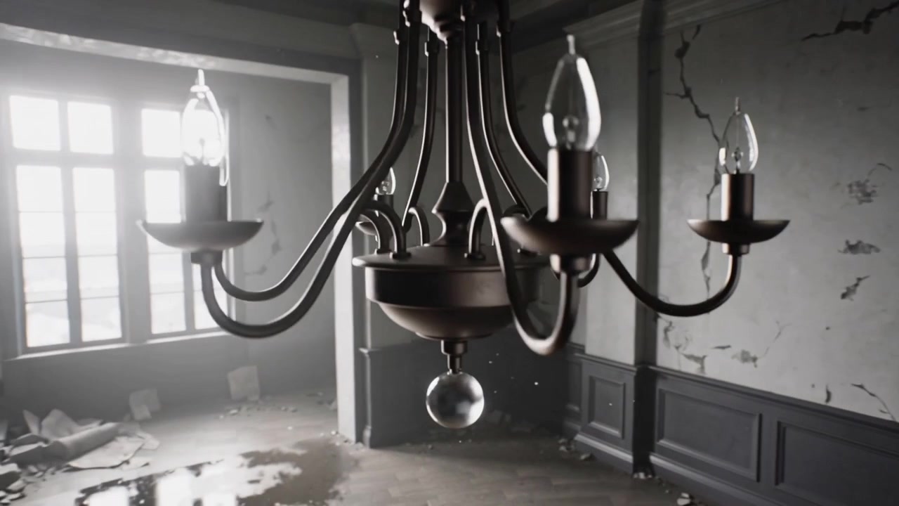 Iniziando da un primo piano, la telecamera si allontana, rivelando un atrio fatiscente con un lampadario e una finestra retroilluminata.