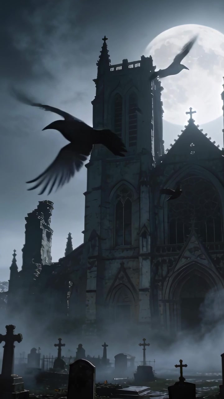 Video verticale: Uccelli scuri che entrano da sinistra e attraversano il cielo illuminato dalla luna sopra una rovina gotica e tombe avvolte nella nebbia.