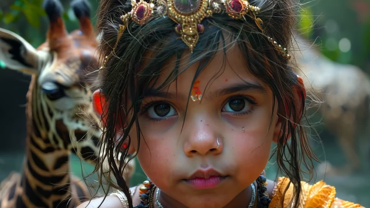 Young Girl Dressed in Traditional Attire With Giraffe in Background. A young girl in traditional attire poses against a vivid background with a giraffe, showcasing a joyful atmosphere.