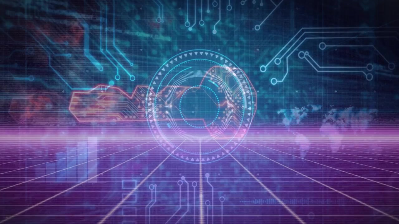 Glødende lilla rutenettplan starter en pulserende ring som animerer kretser for datavisning med roterende HUD.