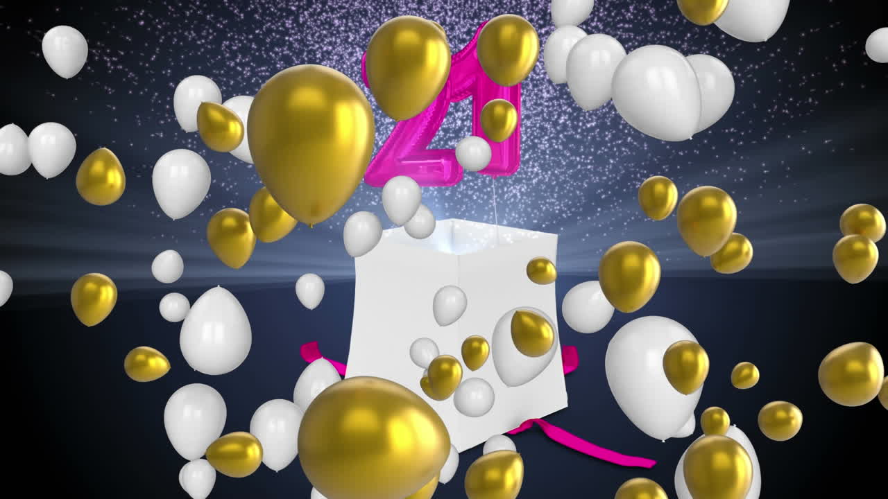 animación de globos blancos y dorados sobre la apertura de la caja de regalos, liberando el número rosa 21