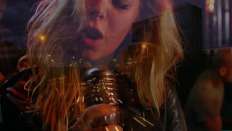 female singer performing on music stage, displaying vintage microphone effect and cityscape overlay