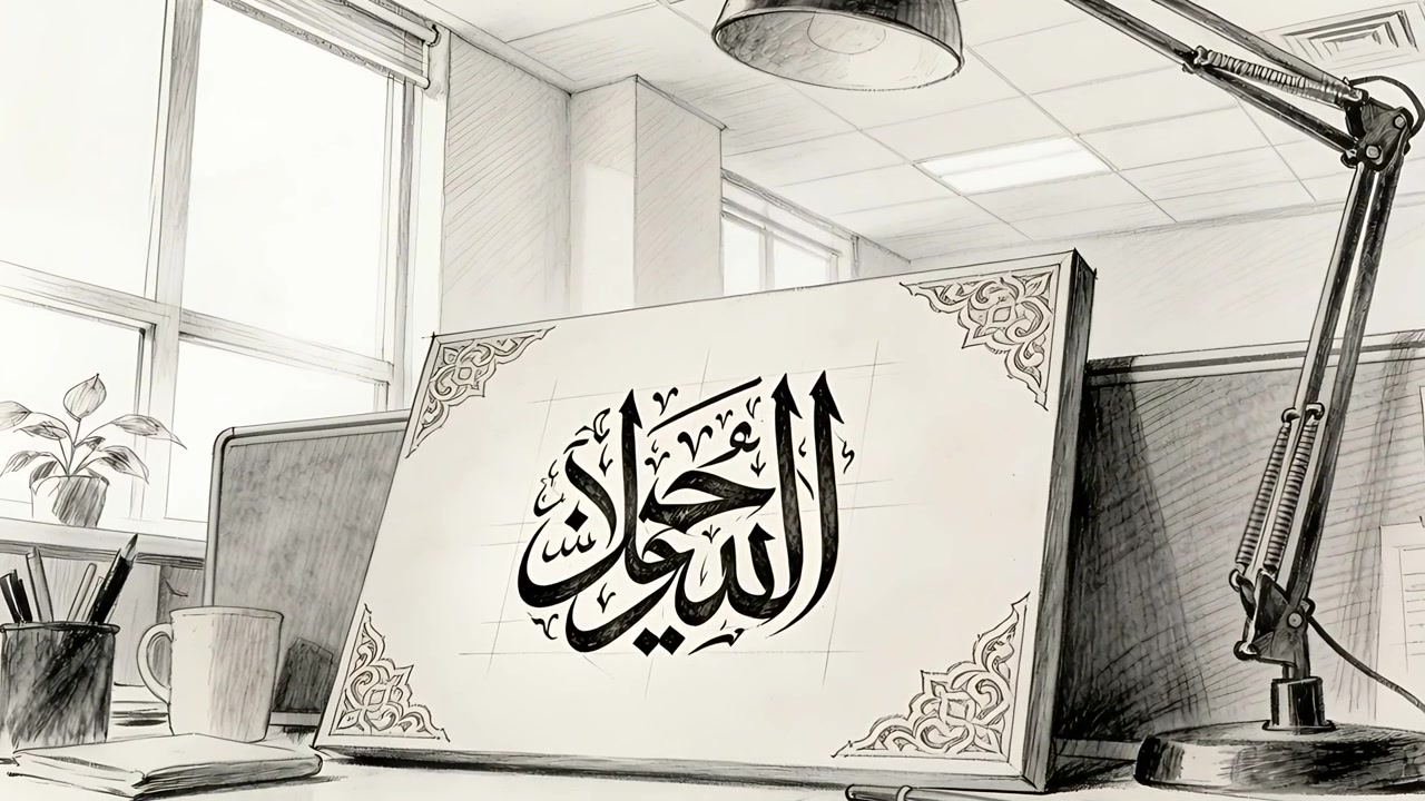 Moving camera bringing framed Arabic calligraphy board forward on office desk to focus on artwork