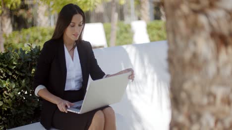 mujer de negocios que trabaja en una computadora portátil en un parque