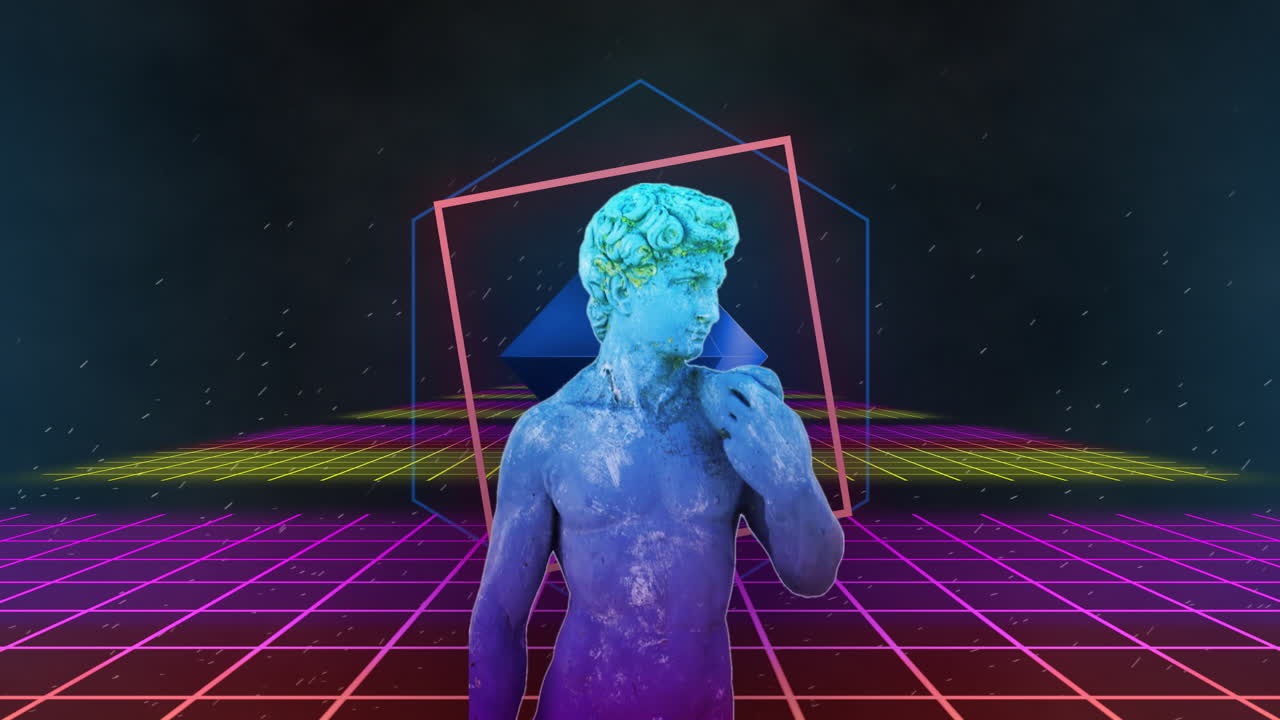 Animation of interference over sculpture with shapes and lines on black background