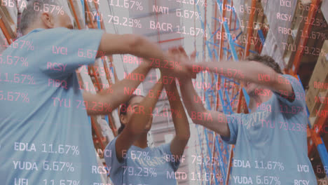 animation of stock market over people working in warehouse