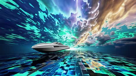 abstract futuristic boat on a colorful sky