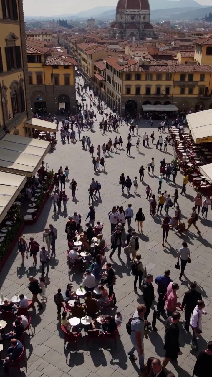 Veduta aerea di una piazza affollata e della Cattedrale di Firenze in Italia