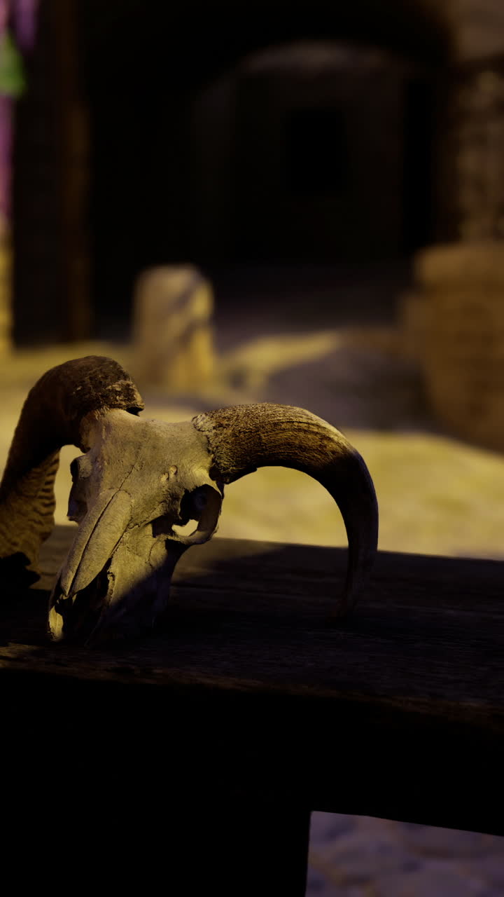 Ram skull displayed on wooden table in ancient alleyway during twilight