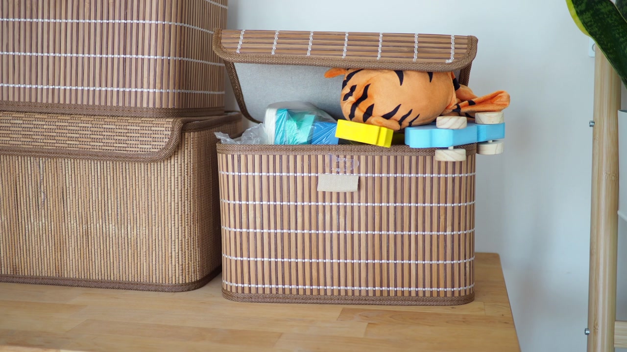 Open Bamboo Storage Box with Plush Tiger and Wooden Toys