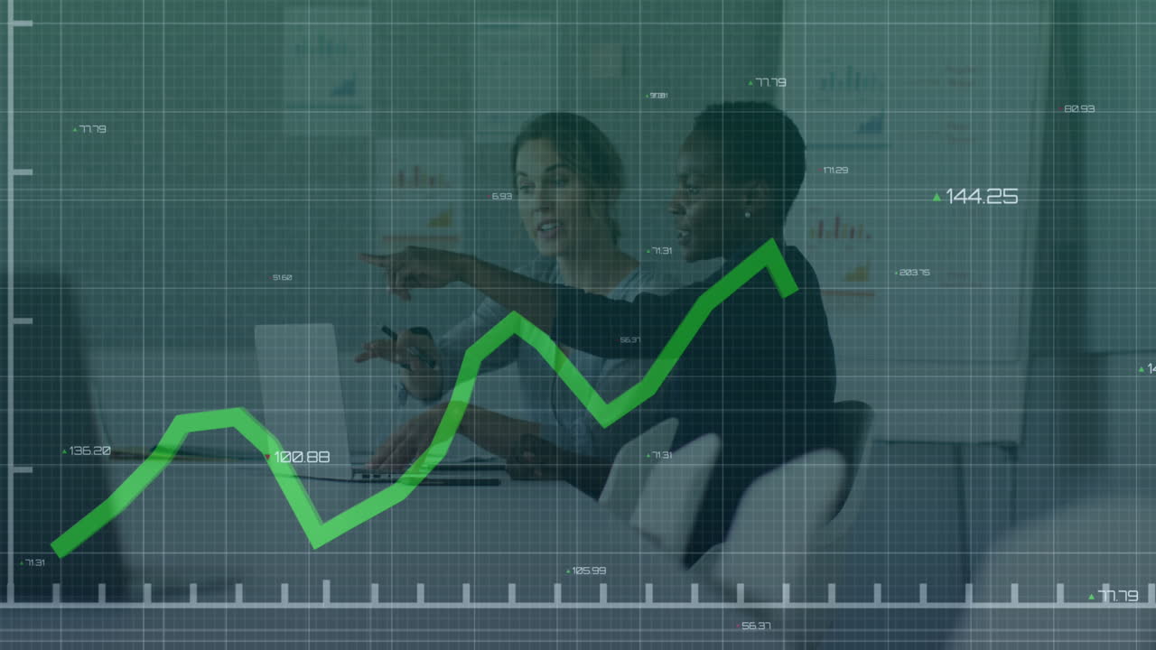 animación de gráficos de líneas y números sobre diversas colegas femeninas discutiendo en la computadora portátil en la reunión