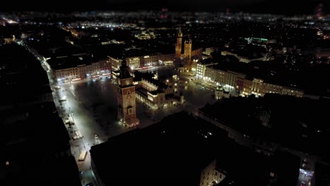 establishing aerial view moving backwards at night of krakow medieval town square, dating to the 13th century, surrounded by palaces and churches