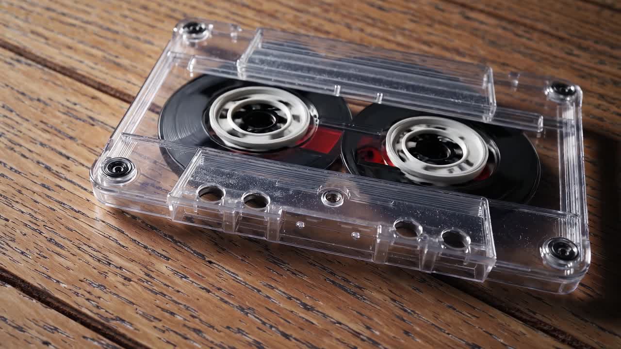 Close-up angled shot of a vintage cassette tape on a wooden surface, evoking nostalgia