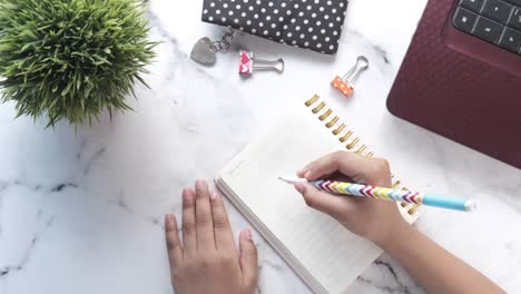 person writing in a notebook at a desk