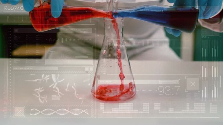 Animation of scientist mixing two liquid with data on the foreground