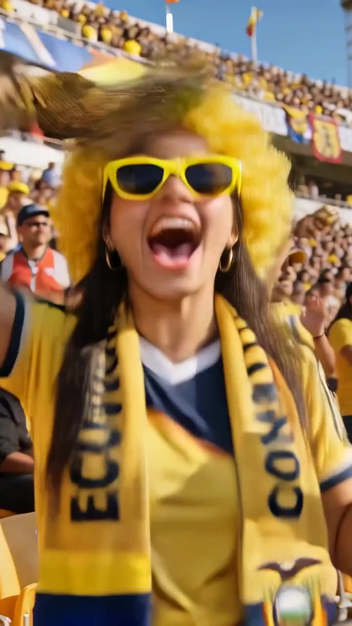 Video verticale: Donna che esulta dopo un gol, urlando e applaudendo nello stadio con parrucca gialla e sciarpa.