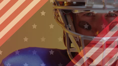 animation of caucasian american football player and flag of usa