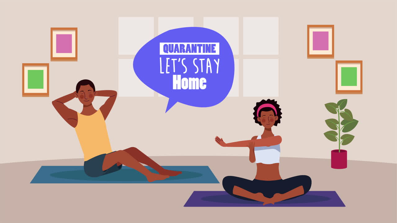 아프로 커플이 코로나19 예방을 위해 집에서 요가와 운동을 하고 있습니다.