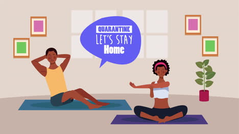 una pareja afro practica yoga y ejercicio en casa para el método de prevención de covid-19