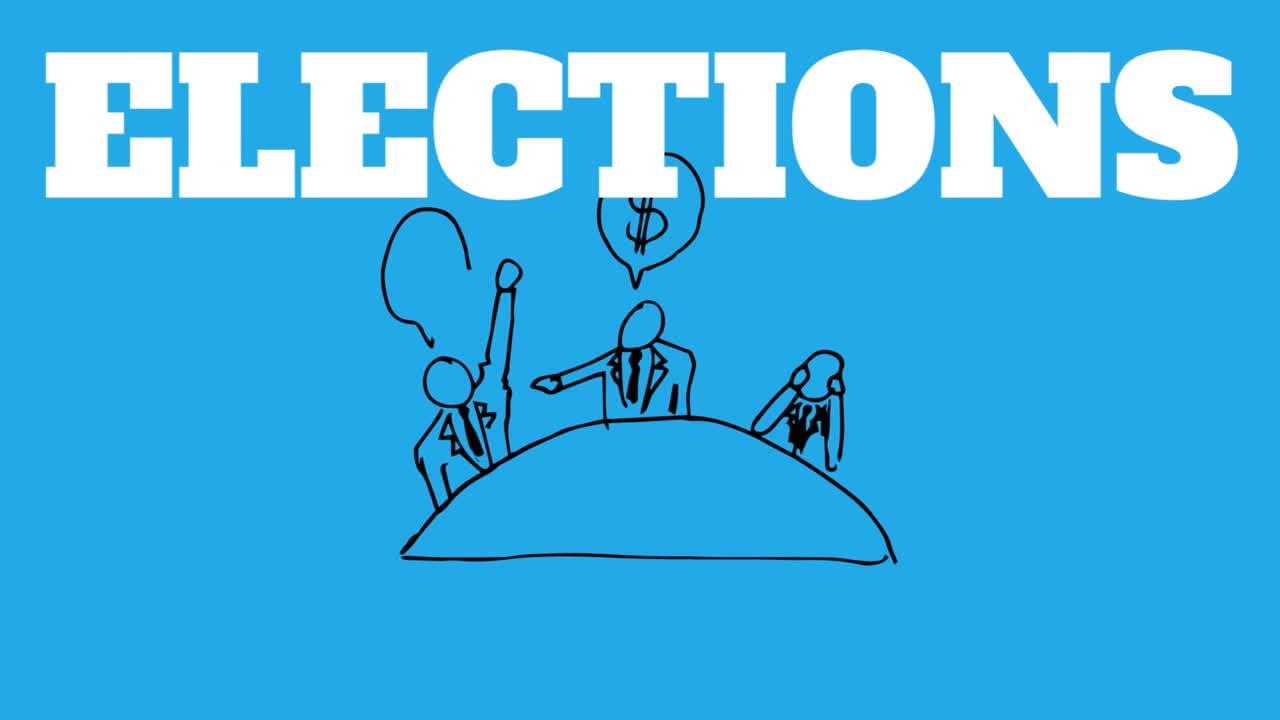 Animation of elections text over icons on blue background