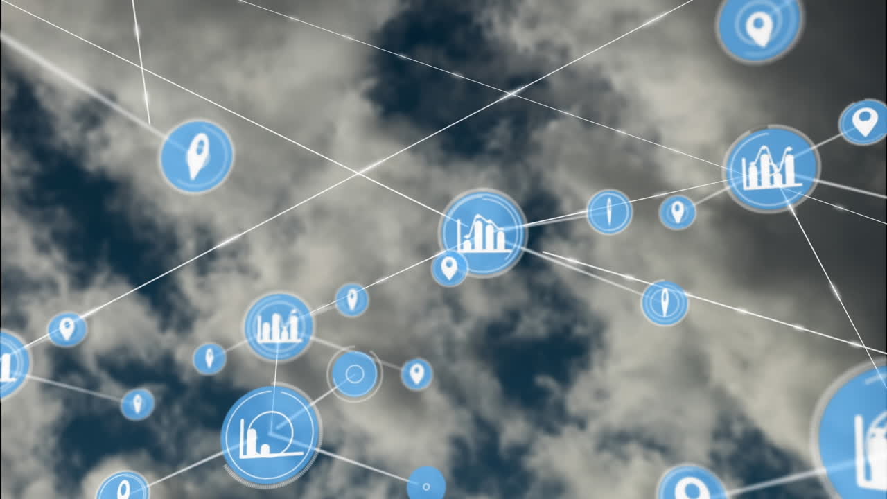 animación de una red de iconos digitales contra nubes en el cielo azul